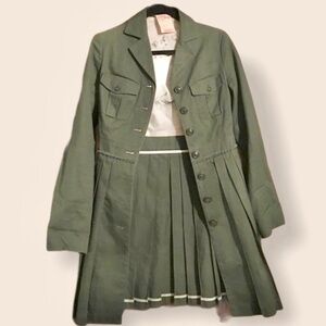 Chulo Pony pleated full button front military jacket coat, XS olive raw edges‍‍﻿